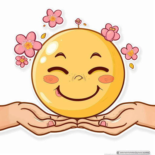 Cute yellow emoticon falling in love with pink flowers