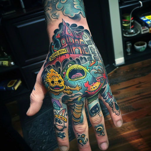 Hand tattoo with satirical theme, Steve Sack style