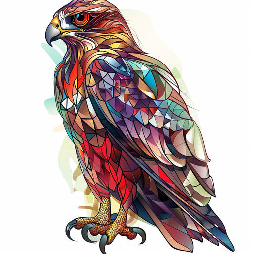 Hawk tattoo in stained glass style, bright colors on white