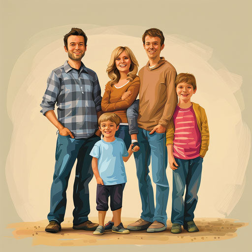 Clipart of my family in a photo realistic style with a flat random background, vibrant tones and enhanced clarity