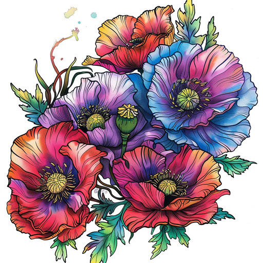 Cluster of vibrant poppies in tattoo on white background