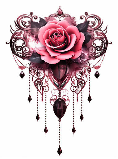 Intricate pink rose tattoo design suspended
