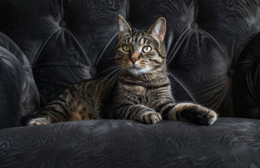Striped cat sitting on a black couch, Bengal school style, sumatraism 17:11