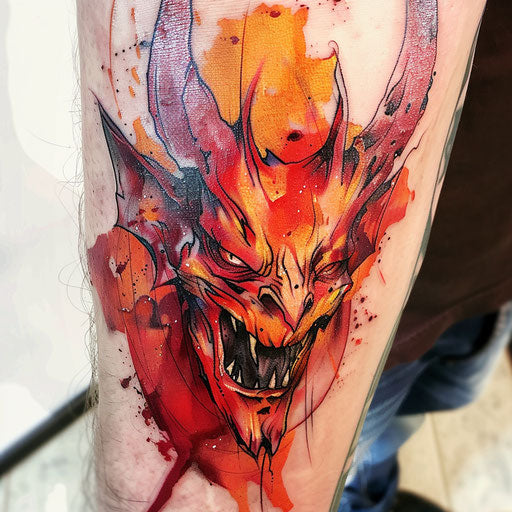 Watercolor devil in red and orange on white background