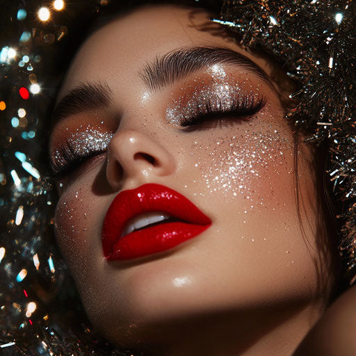 Glamorous makeup for the holidays with sparkling eye shadow and bold red lips