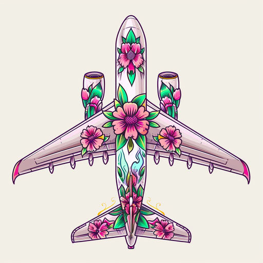 Decorative flat tattoo sketch of a plane with floral wing designs, vibrant pink and green