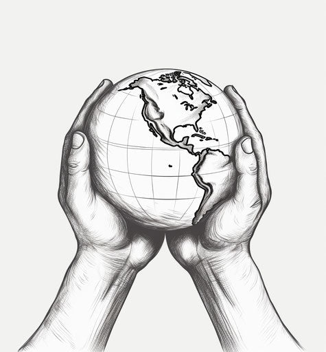 Earth in human hands sketch vector, black and white style