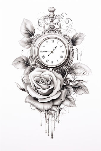 Drawing with clock, rose, and feathers in black and white