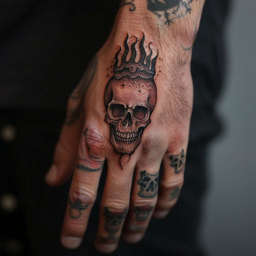 Finger tattoo with gothic skulls and flames