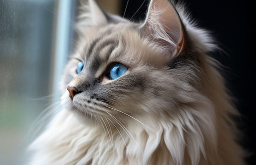 Cat looking out the window in beige and blue, indigo and silver