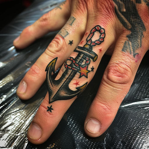 Finger tattoo with classic anchor and star motifs