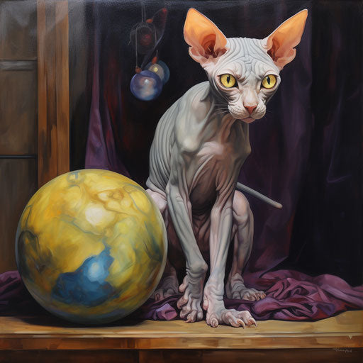 A gray sphynx cat playing with ball in front of wooden chest