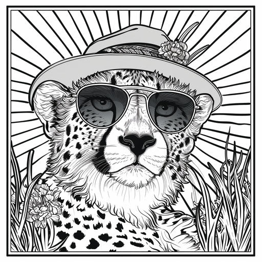 A whimsical cheetah wearing sunglasses and a hat, relaxing in the shade.