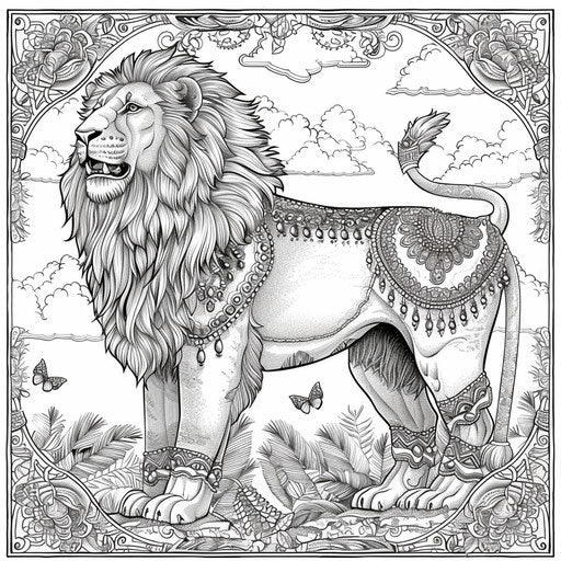 Exotic lion adorned with jewels in the style of Raqib Shaw coloring book page