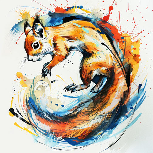 Dynamic flat tattoo sketch of a squirrel in mid-leap with abstract color splashes