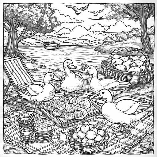 Ducks picnicking by a lake