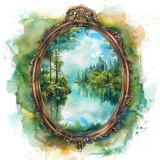 Artistic tattoo sketch of a mirror showing a painted landscape in vibrant greens and blues, in a picturesque clipart style