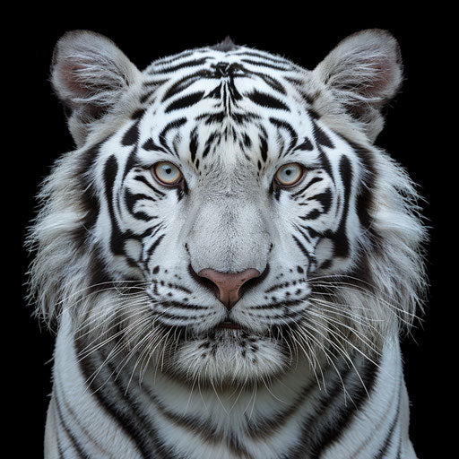 White tiger, staring at camera, symmetrical face, black background, hyper realistic photography