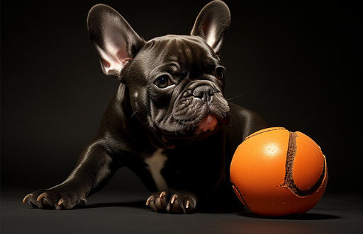 French bulldog playing with a ball in its mouth
