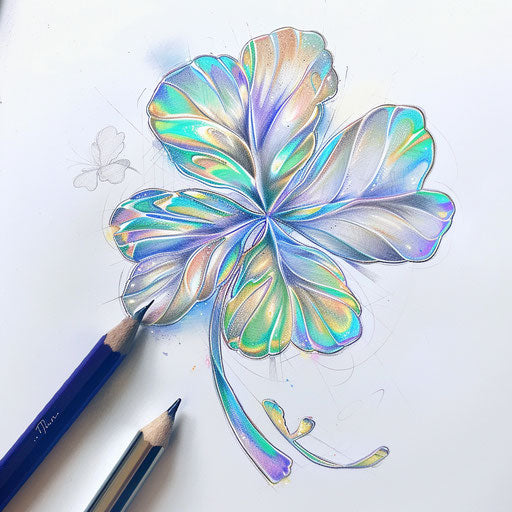 Futuristic tattoo sketch of a clover with holographic and metallic effects