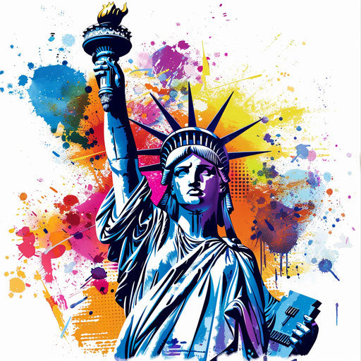 Sketch of Statue of Liberty with vibrant watercolor splashes