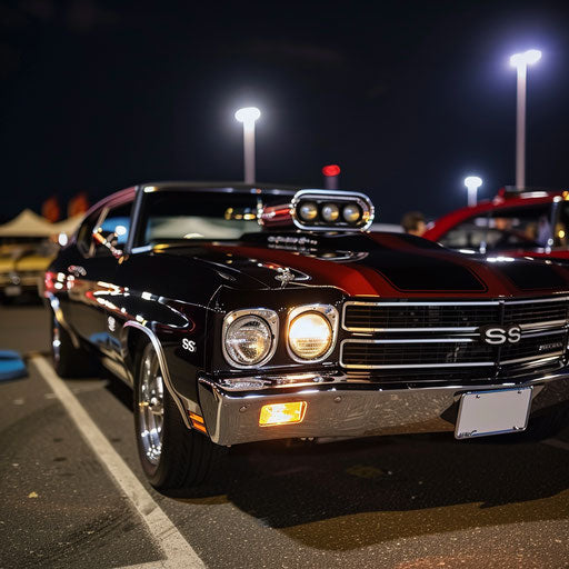 1969 Chevrolet Chevelle SS with blower under bright lights