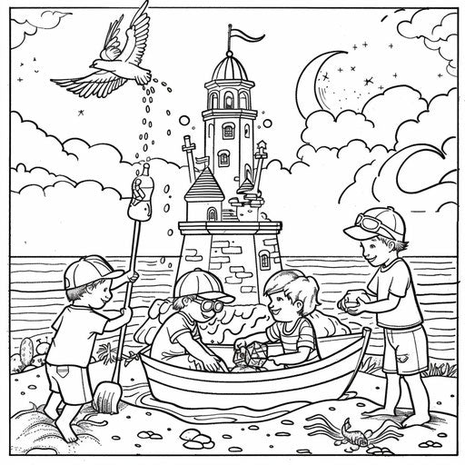Children building a sandcastle boat on the beach