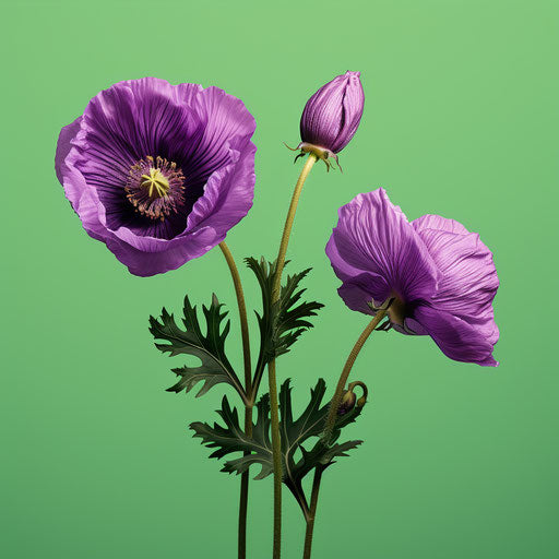 Two purple flowers on a green background, paleocore style, wonder of nature