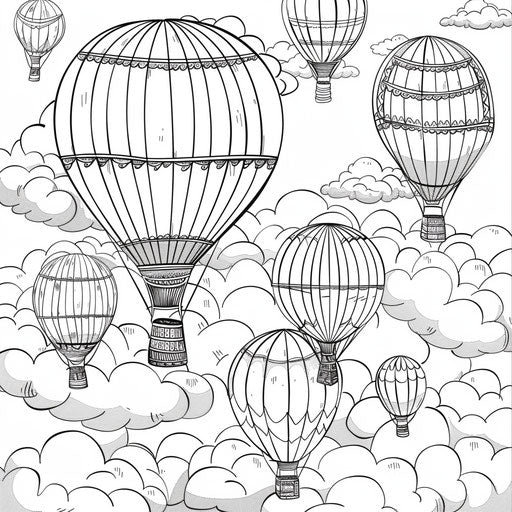 Hot air balloons in the clouds, coloring book page