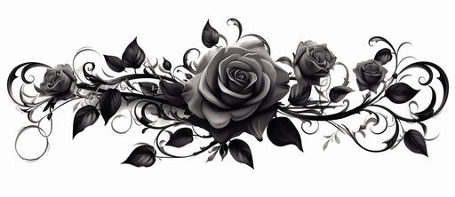 Black rose tattoo design, rococo style, vine-made
