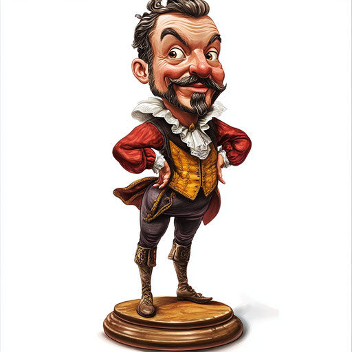 Humorous caricature of a Francis Drake clipart with human characteristics, exaggerated button nose, muscular legs, standing on a pedestal, vibrant colors, cartoon style, surprised, high resolution, no background, isolated