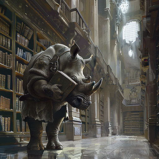 A rhino as a librarian, managing a grand library filled with ancient tomes