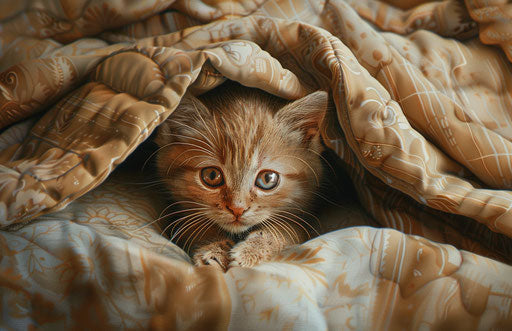 Kitten playing under a quilt