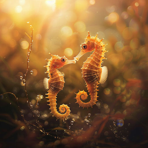 Seahorses with young under soft light