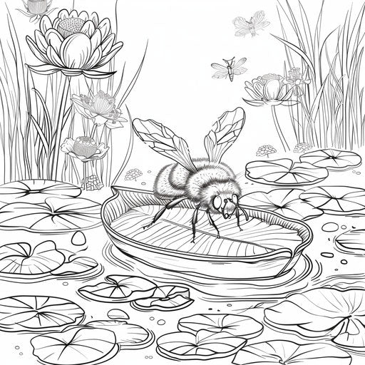 Playful bee riding leaf boat in pond