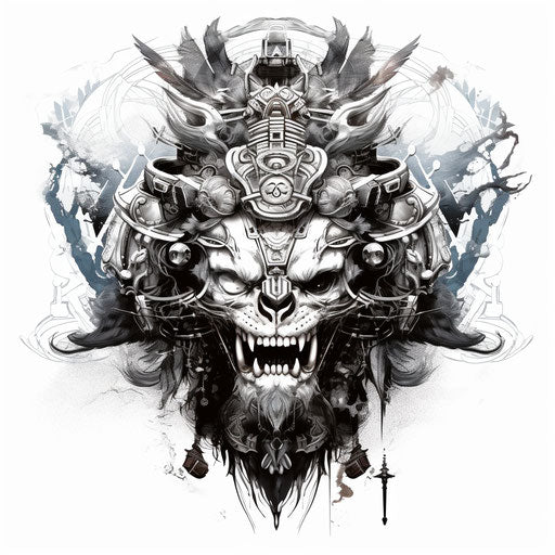 Vintage black and white lion head warrior with skull on helmet