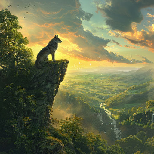 Wolf surveying lush valley at sunrise from high perch