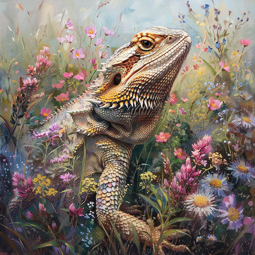 Bearded dragon in a field of flowers