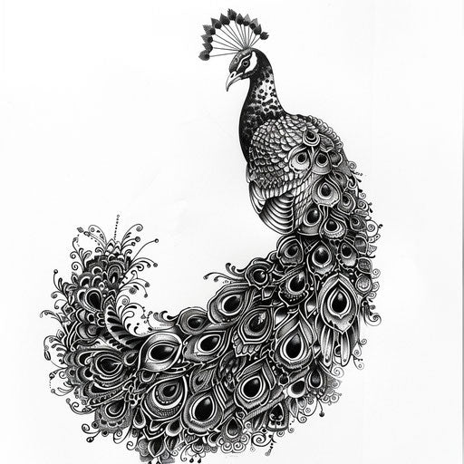 Henna-inspired peacock tattoo on white background