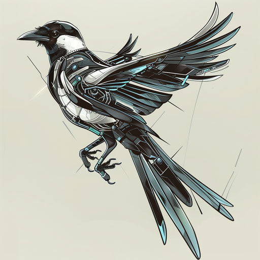 Futuristic flat tattoo sketch of a magpie with metallic and cybernetic enhancements