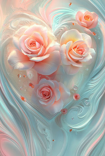3D vector heart with roses and swirls on pastel background