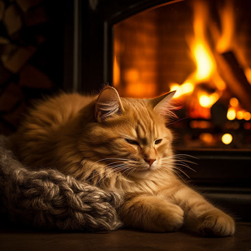 Orange cat in front of a fire in a fireplace