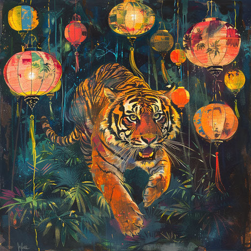 Tiger among colorful lanterns in festive jungle spirit