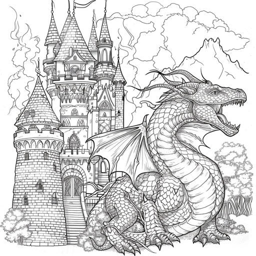 A whimsical dragon curled around a castle turret