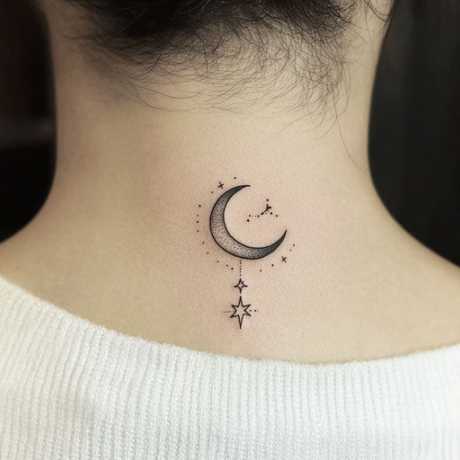 Small neck tattoo for men with crescent moon and star