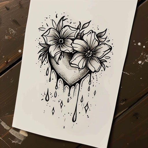 Nature-inspired flat tattoo sketch of a crying heart with flowers