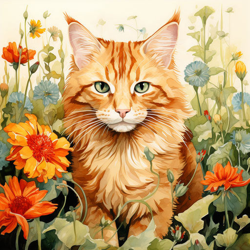Ginger cat in a flower bed with beautiful flowers