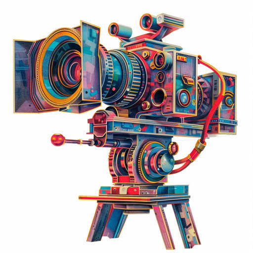 Realistic movie camera on flat white background, vibrant colors