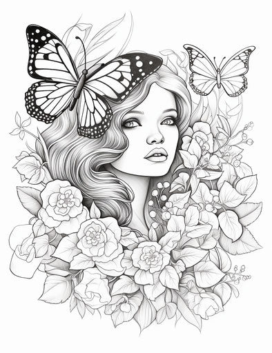 Coloring pages of the butterfly and flowers, in the style of Emila Medková, soft mist
