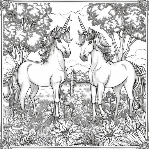 Enchanting unicorns in a meadow in the style of a Johanna Basford Coloring book page